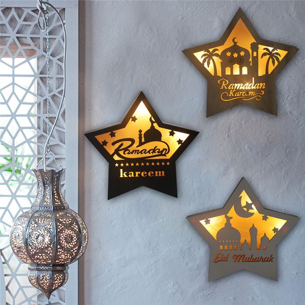 Ramadan LED Light Decor Islam Ramadan Pentagramma in legno Luce calda Eid Mubarak Musulmano Ornamenti da tavolo