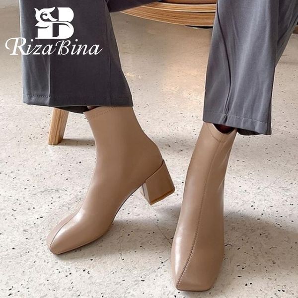 

boots rizabina fashion shoes ankle square toe thick heel slip on stretch fabric solid color ladies footwear size 33-40, Black
