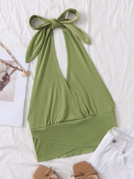 

wrap cross tied backless rib knit halter crop o917#, White