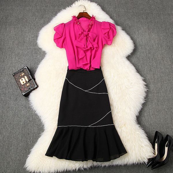 

2020 summer women's new bow tie bead chiffon fishtail skirt + buttock fishtail skirt two piece set 10806 pcmfd, Gray
