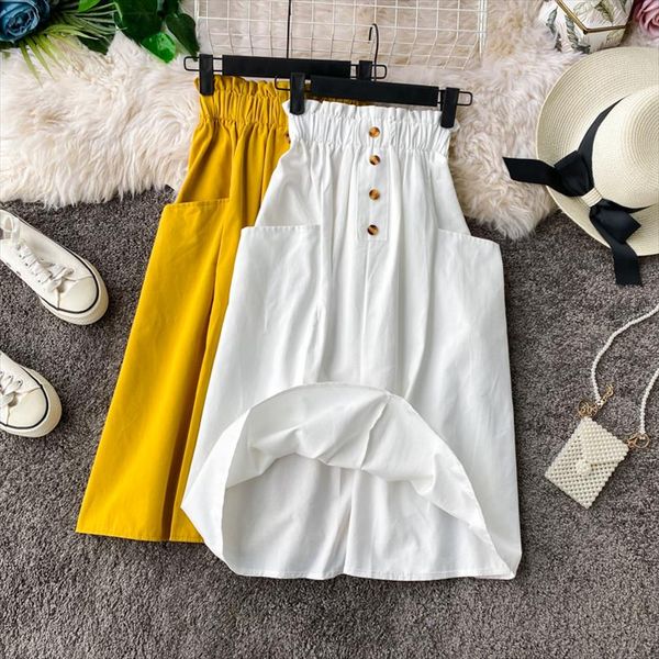 

fashion korean cotton skirt female 2020 women pocket elastic waist skirt small a line high waist skirt womens midi skirts, Black