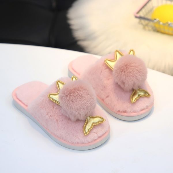 

large size 26-41 girls princess autumn winter home slippers childrens fur slides women house short plush slippers y201028, Black;grey