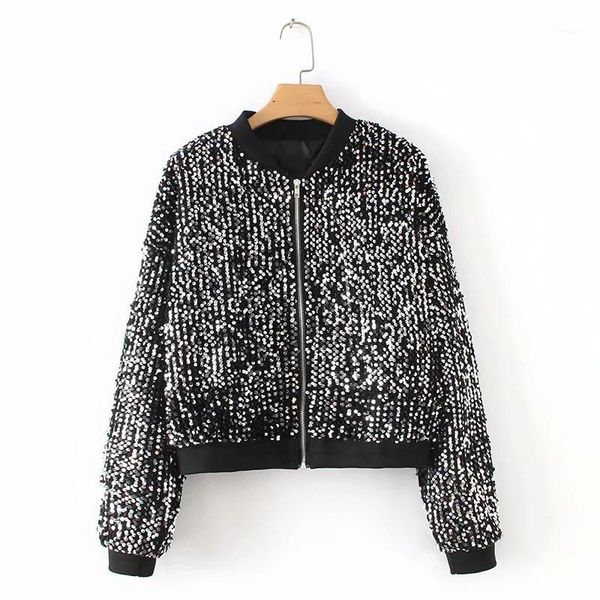 

autumn women chic sequined jacket coats pockets long sleeve zipper outerwear sequins vintage female casual fashion coats1, Black;brown