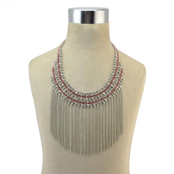 

boho red clear rhinestone choker statement wedding big tassel necklace for women flower collier fashion party collar jewellery, Silver