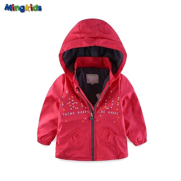 Mingkids Kız Pembe PU Ceket Rüzgarlık Raincoat Rüzgar Geçirmez Su Geçirmez Polar Polar Astar Avrupa Boyutu LJ201124