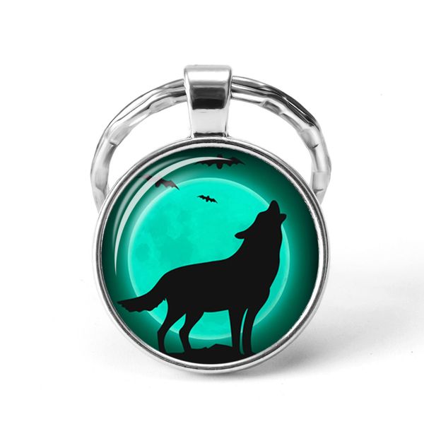

charming wolf and moon keychain sign glass cabochon pendant car keychain wolf legend keyring men's jewelry birthday gift, Slivery;golden