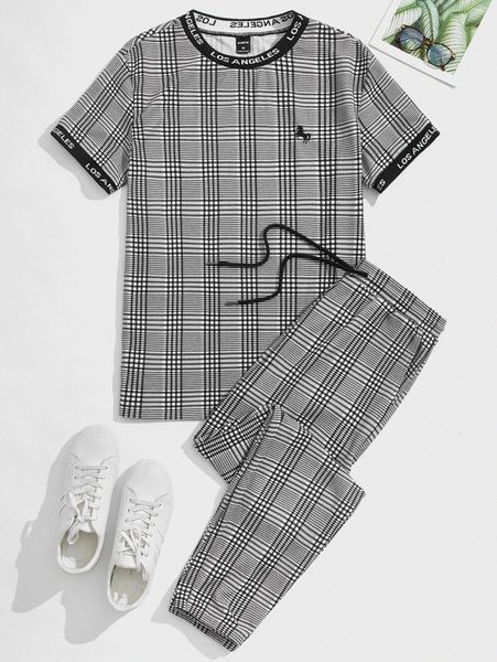 

men plaid print & cartoon embroidered tee & drawstring waist pants f1t7#, Gray