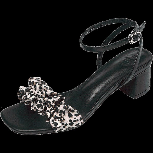 

sandals women's genuine leather fabric patchwork ankle strap med heel leopard summer leisure comfortable single-shoes for women, Black