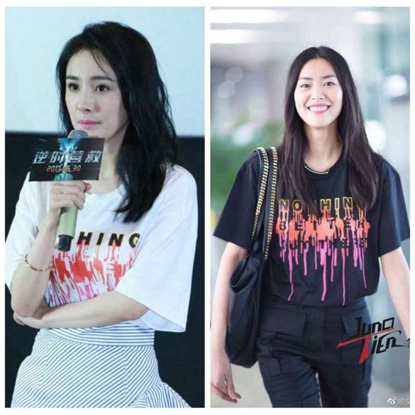 

yang wen summer new product: liu mi, star, the same style of noting letter printed short sleeve medium and long t-shirt for women, Black;gray