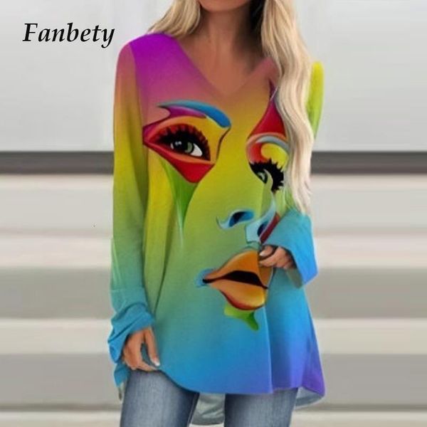 

vintage abstract face printed women blouse shirt autumn long sleeve v neck pullover casual loose female long sleeve long shirt blusa, White