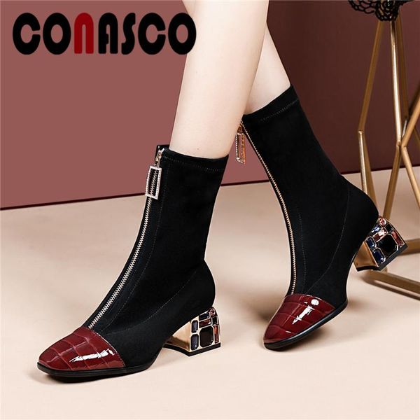 

conasco office lady genuine leather mid-calf boots for women crystal thick heels shoes woman autumn winter front zipper boots, Black