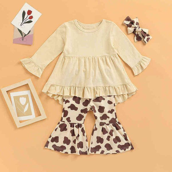 

3pcs little girls outfit, toddlers flared cuff long sleeve round collar lace + cow print bell-bottomed pants + headwear g220217, White