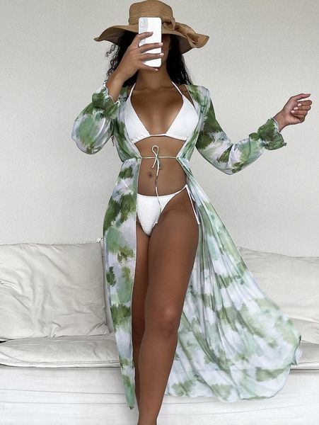 

tie dye drawstring waist kimono r5oj#, White;black