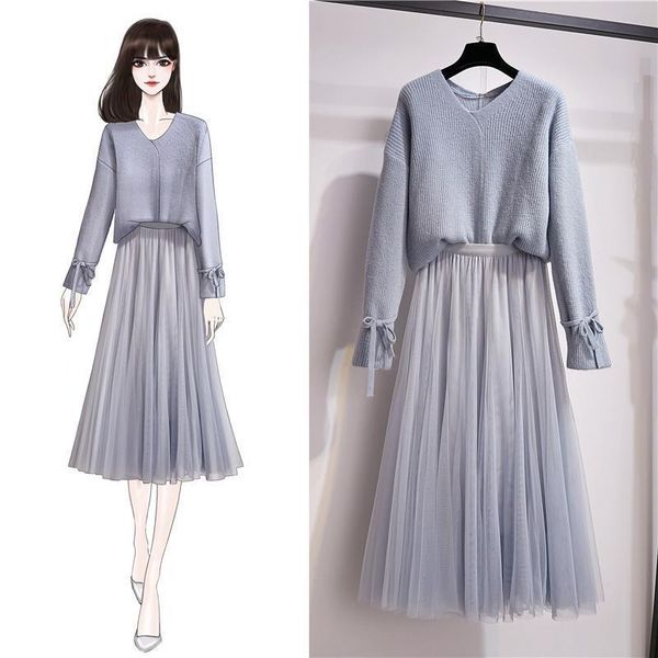

2021 new autumn for women long sleeve rentals up knitted-or-crocheted pullover+ solid color 2 piece set ladies suit y487 2j9w, Gray