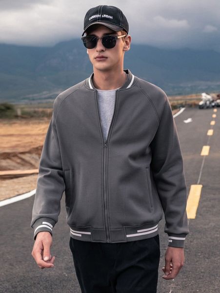 

men striped trim raglan sleeve thermal lined bomber jacket 24in#, Black;brown