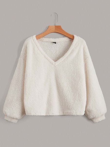 

solid drop shoulder fuzzy pullover 26ab#, White;black