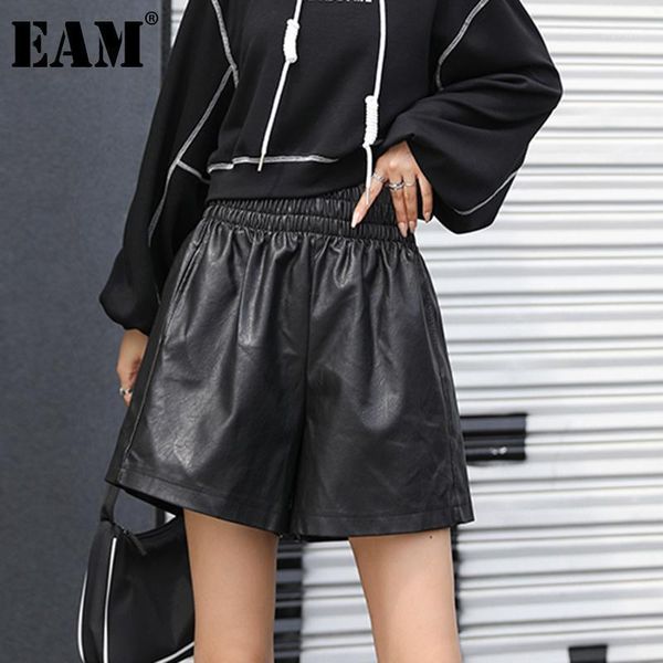 

eam] women black pu leather temperament wide leg shorts new high waist loose fit trousers fashion spring autumn 2020 1db8601, White;black