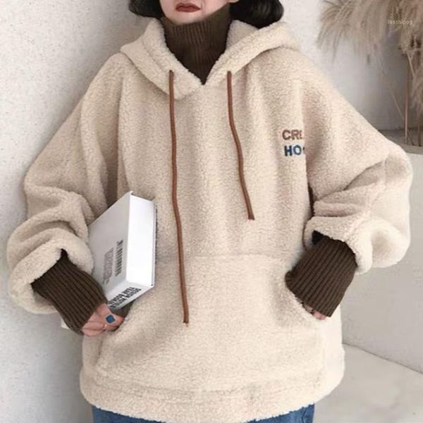 

korean style winter cashmere thickened hooded sweatshirt women's fashion letter embroidery harajuku loose hooded coat1, Black