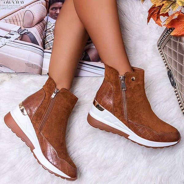 

boots autumn 2021 winter flat heel zipper casual shoes women artificial leather block all season sneakers zapatos para mujer1, Black