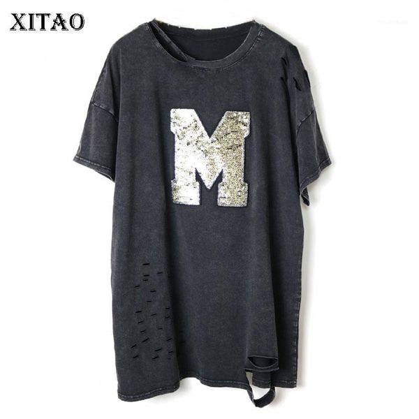 

xitao punk hole sequins t shirt personality tide brand women wild fashion women clothes 2020 summer new loose tee xj44201, White