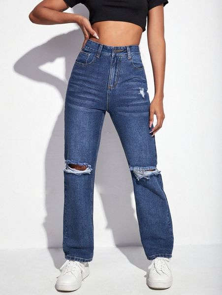 

high waist ripped straight leg jeans r1ln#, Blue