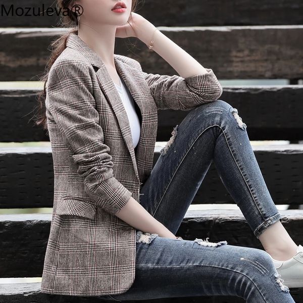 

women blazer vintage plaid tweed women suit fashion office ladies long sleeve casual coat female blazers and jackets, Black;brown