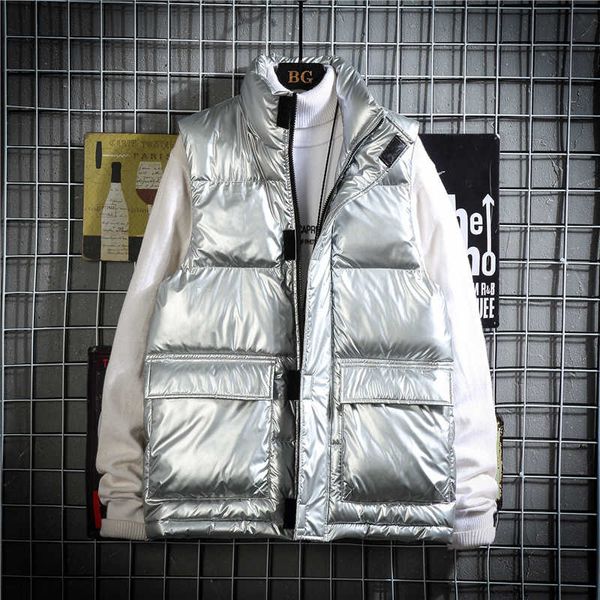 

winter new bright face stand collar solid color thickened large casual shoulder men's cotton vest coat, Black;white