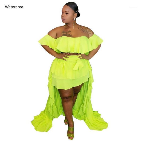 

2020 plus size women's set off shoulder ruffles crop & high low cocktail maxi skirt suit two piece set tracksuit party dress1, White