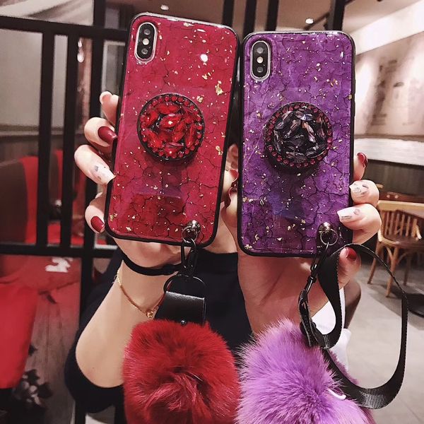 

phone strap+diamond kickstand holder tpu hairball pattern phone case/protective sheath for iphone 11pro/8/7/6/xs