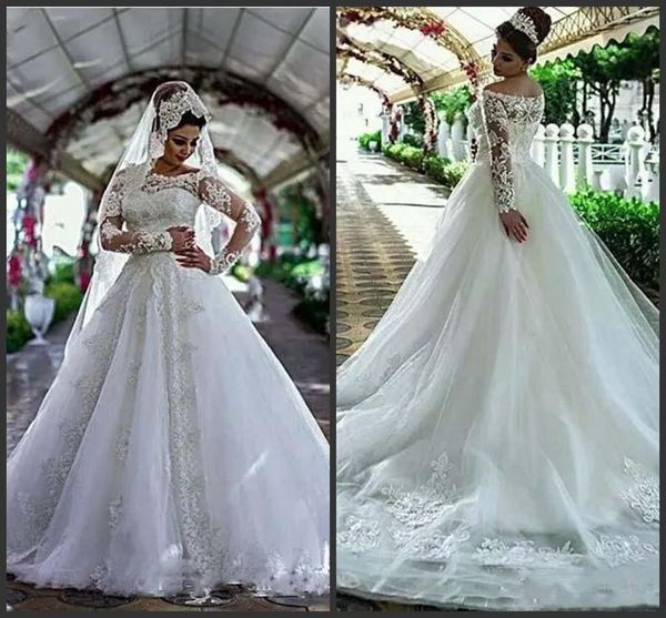 

white tulle ball gown long sleeve wedding dresses crystal lace applique 2021 vintage wedding gown vestidos de novia robes de mariee