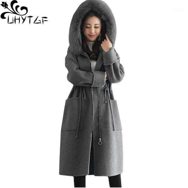 

uhytgf winter coat women fur collar hooded autumn woolen coat zipper elegant loose plus size jacket long coats 7961, Black