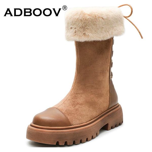 

adboov mid-calf snow boots women back lace-up winter boots women bottines pour les femmes fur lining flat winter shoes, Black