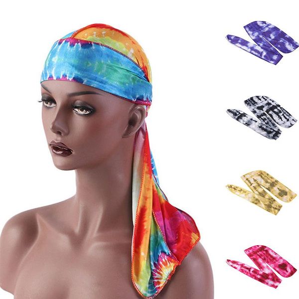 

шелковистые атласная durags банданы мужской моды длинный хвост durag байкер headwrap tie dye pirate hat аксессуары для волос мусульманская п, Black