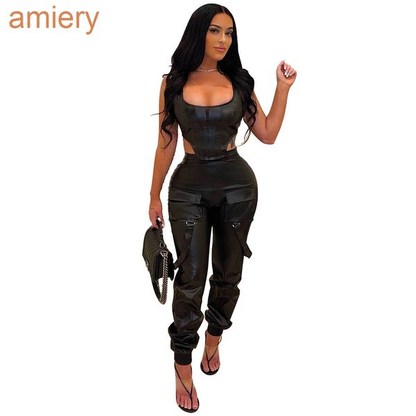 Frauen Zweiteilige Hosen Set Frühling Design Reißverschluss Sexy Ärmellose Weste Und Hose Mit Tasche Hohe Elastizität PU Leder Trainingsanzüge