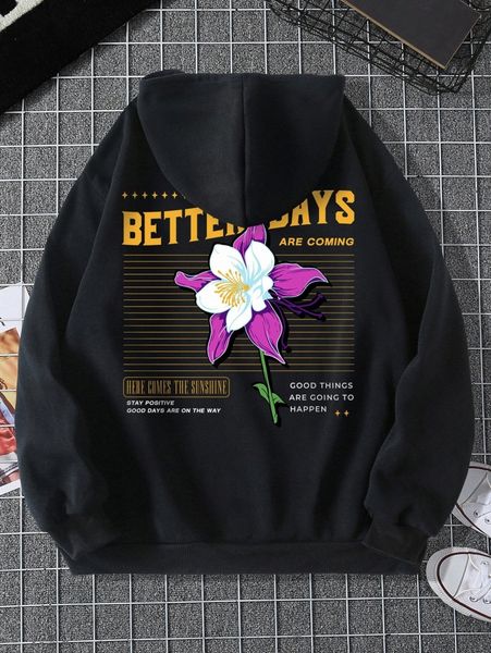 

floral and slogan graphic drawstring thermal lined hoodie w48q#, White;black