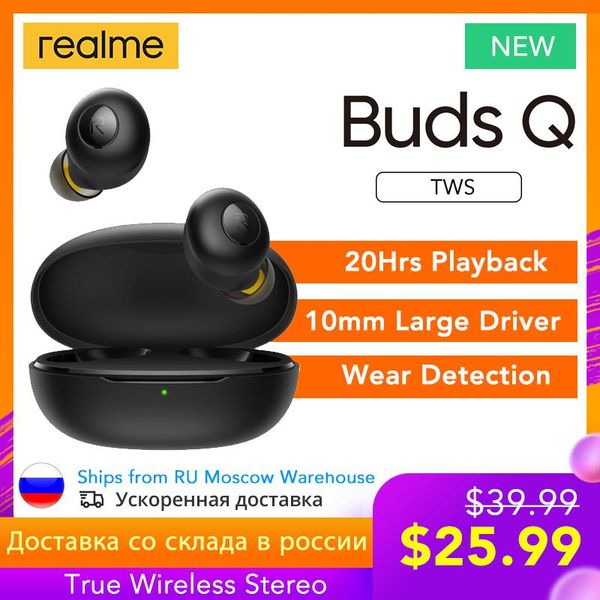

realme buds q tws ture wireless earphones bluetooth 5.0 instant auto connection 20h battery life charging box ultra light 3.6g