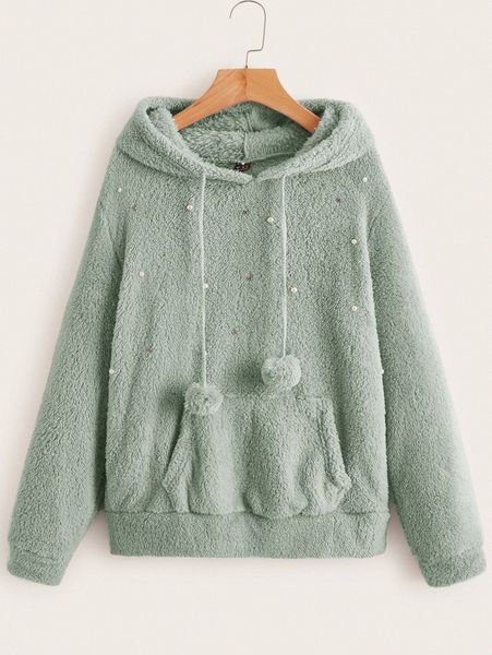 

pearls beaded kangaroo pocket pompom drawstring teddy hoodie t2g3#, White;black