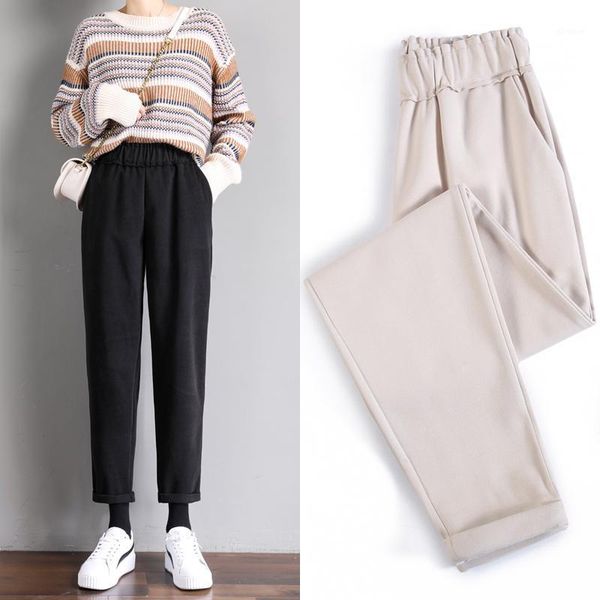 

female 2020 woolen trousers autumn winter fashion high waist elegant with elastic waistband pants women1, Black;white