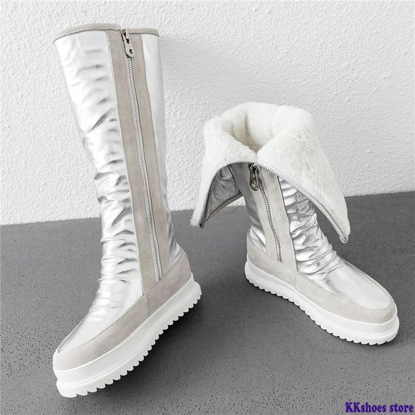 

plus size 34-43 new cow genuine leather boots women zipper nature wool warm snow boots ladies knee high winter, Black