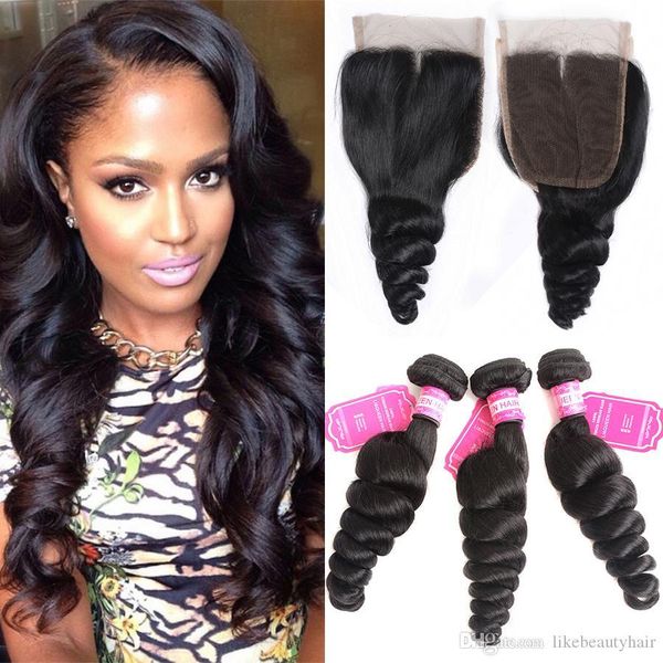 

unprocessed human hair lace closure with hair bundles loose wave mongolian bundles with closure natural hair weaves, Black;brown