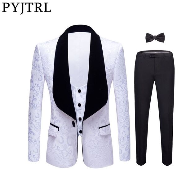 

pyjtrl new 4 pieces set wedding groom shawl lapel jacquard tuxedo pink yellow black red pure white slim fit prom dress suits men 201123, White;black