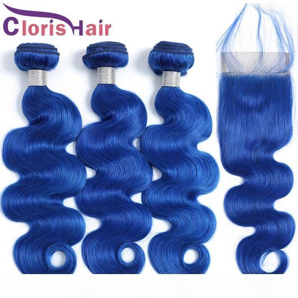 

full head 4pcs blue weaves closure body wave peruvian virgin human hair 3 bundles with lace closure colored wavy extensions and closure, Black;brown