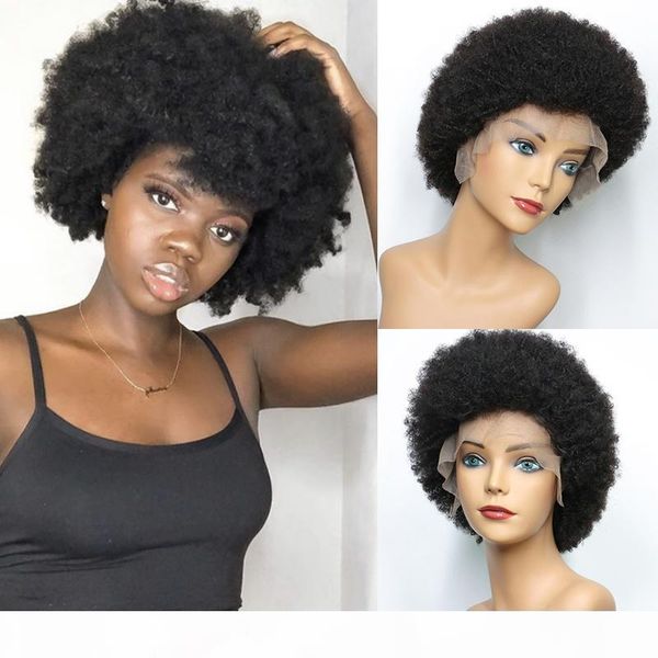 

pixie cut afro kinky curly lace front human hair wigs for black women brazilian remy hair 6'' short wigs pre plucked 250% 13x4, Black;brown