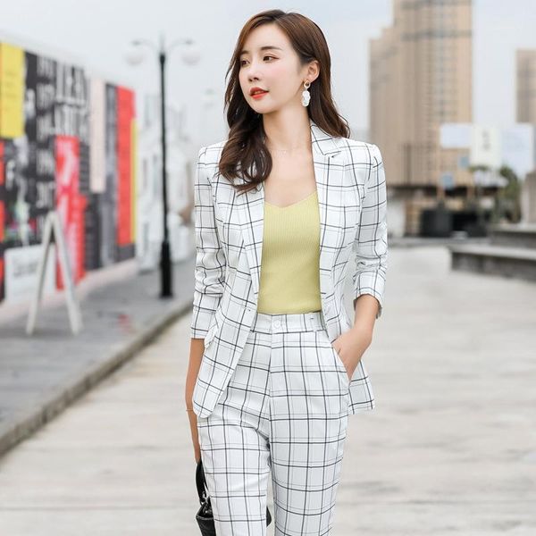 

professional women's suit pants two-piece suit autumn and winter slim plaid ladies office jacket casual trousers, White
