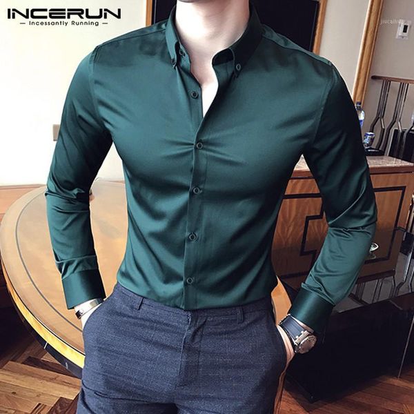 

incerun fashion men dress shirt solid color silk satin lapel long sleeve formal brand business social shirts chemise 20201, White;black