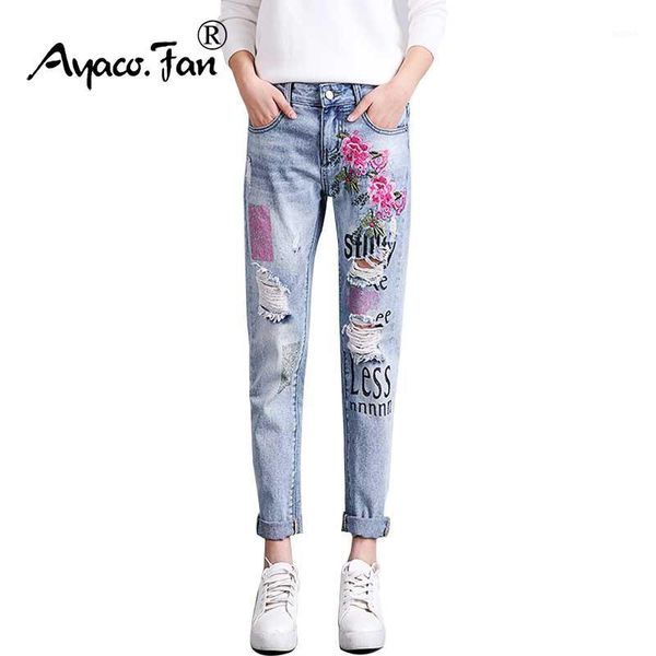 

2019 womens jeans flowers embroidery boyfriend holes ripped jeans for women harajuku printing pantalon femme stretch trousers1, Blue