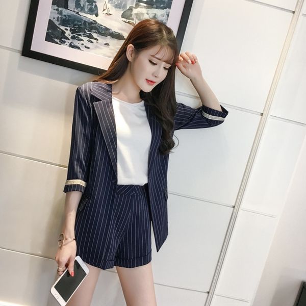 

u4hl6 2020 korean style shorts and shortsspring lxoxz summer new striped half sleeve shorts casual small suit two-piece suit and, Gray