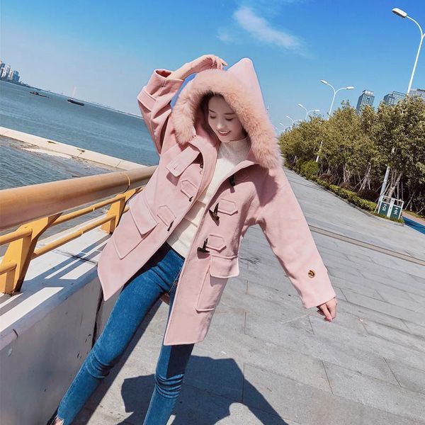 

winter women outerwear 2020 new horn buckle medium long female woolen coat hooded fur collar bat sleeve ladies woolen coat cw123, Black