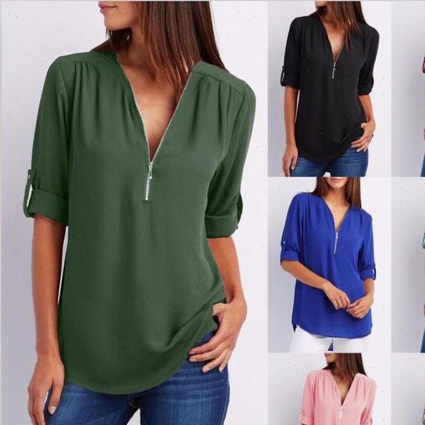 

2019 new spring summer fashion women casual street half sleeve v neck blouse loose plus size zipper chiffon blouse shirts, White