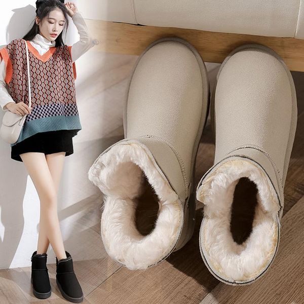 

обувь зимние сапоги леди заклепки плюшевые плоские каблуки сапоги женские австралия круглые ноги 2021 меховые лодыжки снега резина низкое тв, Black